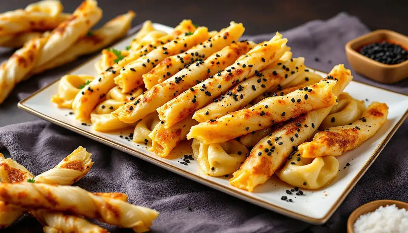 Bastoncini di Sfoglia al Formaggio con Semi di Papavero e Paprika