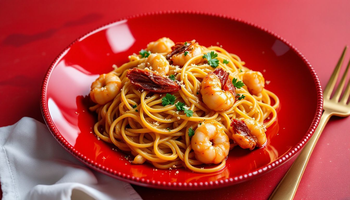 Pasta con gamberoni e fumetto di crostacei