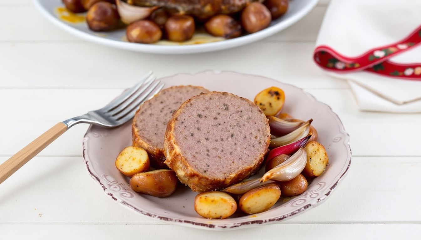 Polpettone al Forno con Contorno di Patate e Scalogni