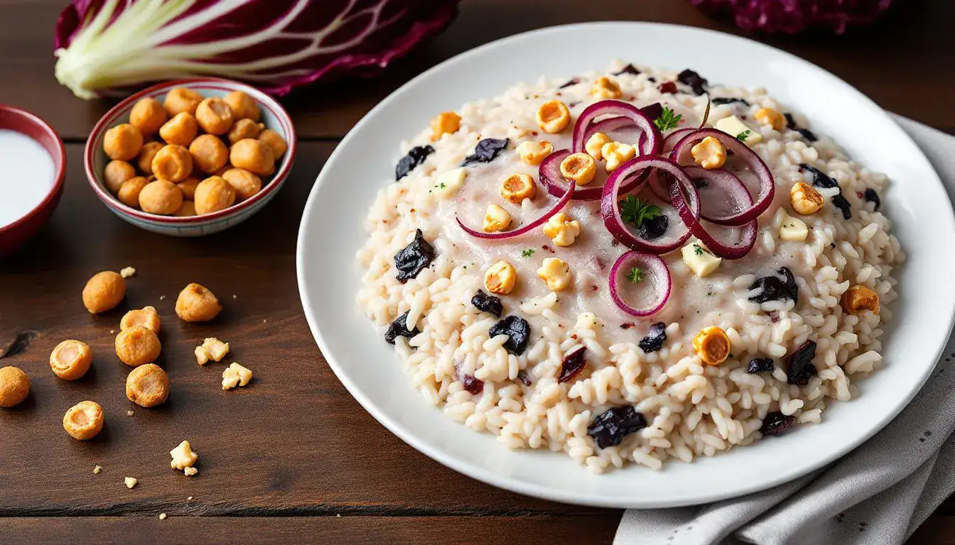 Risotto al Radicchio e Gorgonzola con Cipolle Caramellate e Nocciole Tostate