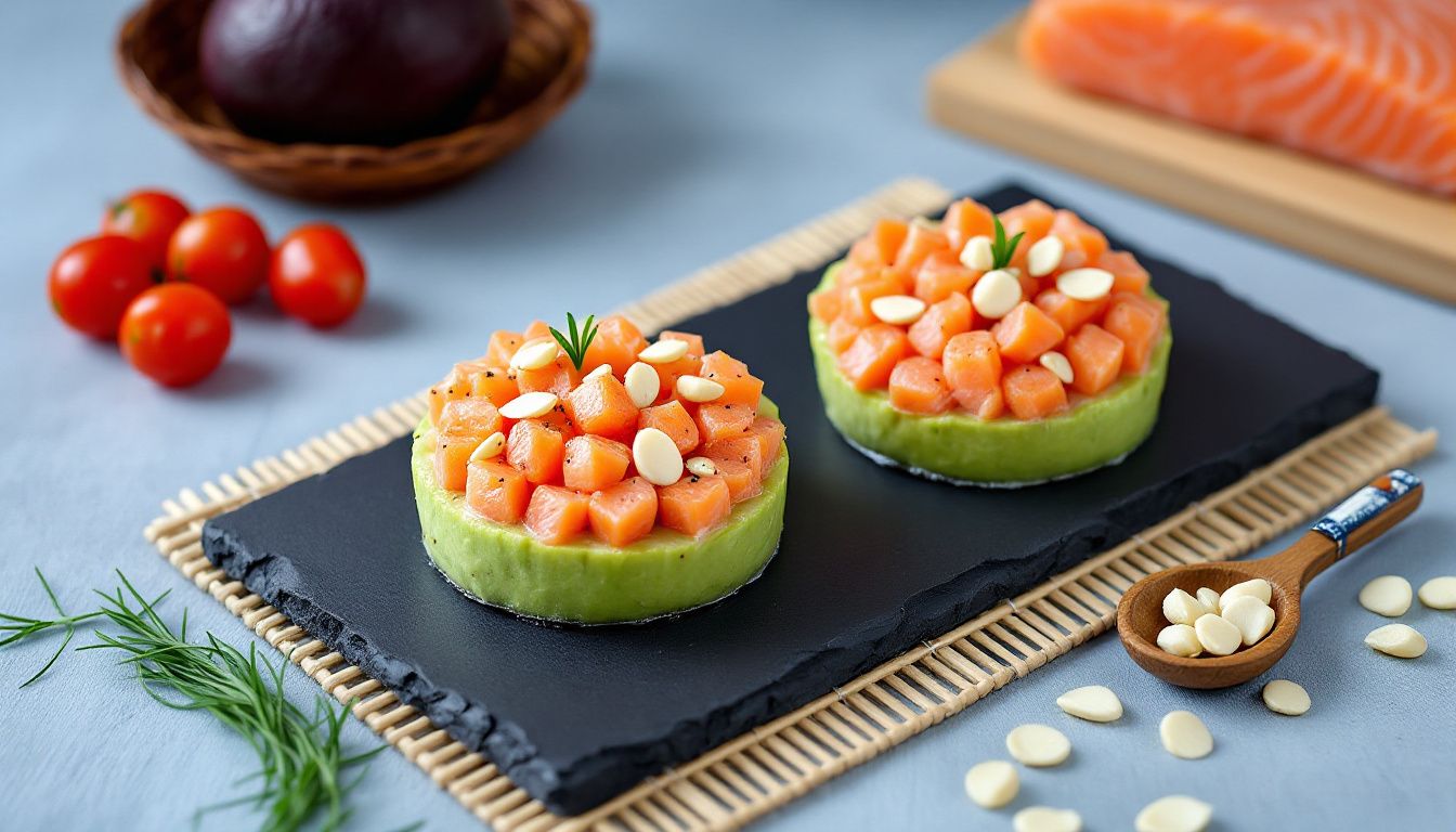 Tartare di Salmone con Crema di Avocado e Mandorle Tostate